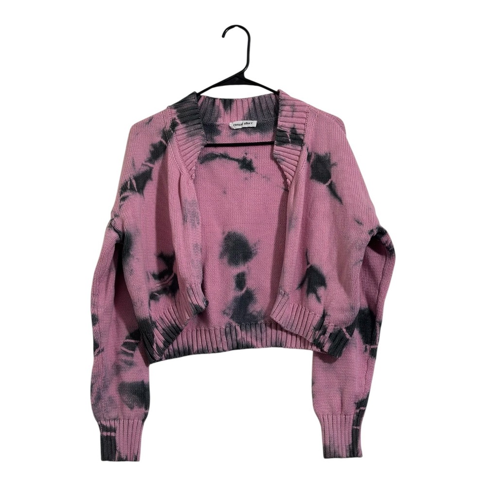 Casual Allure Barbie Pink Black Tie Dye Cropped Cardigan Open Front Cotton Knit